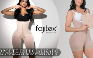 Mujer usando faja post quirúrgica abdominal colombiana de alta compresión para recuperación post operatoria