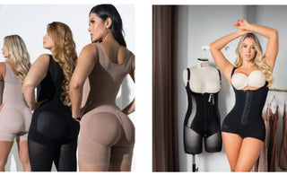 Mujeres usando faja colombiana de uso diario cómoda y moldeadora color beige y negro de Fajitex