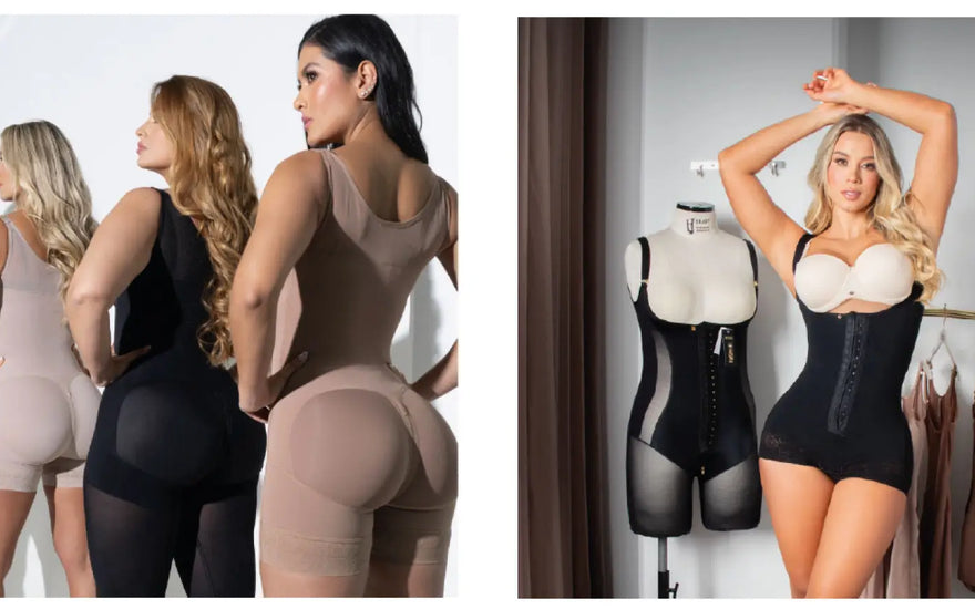 Mujeres usando faja colombiana de uso diario cómoda y moldeadora color beige y negro de Fajitex